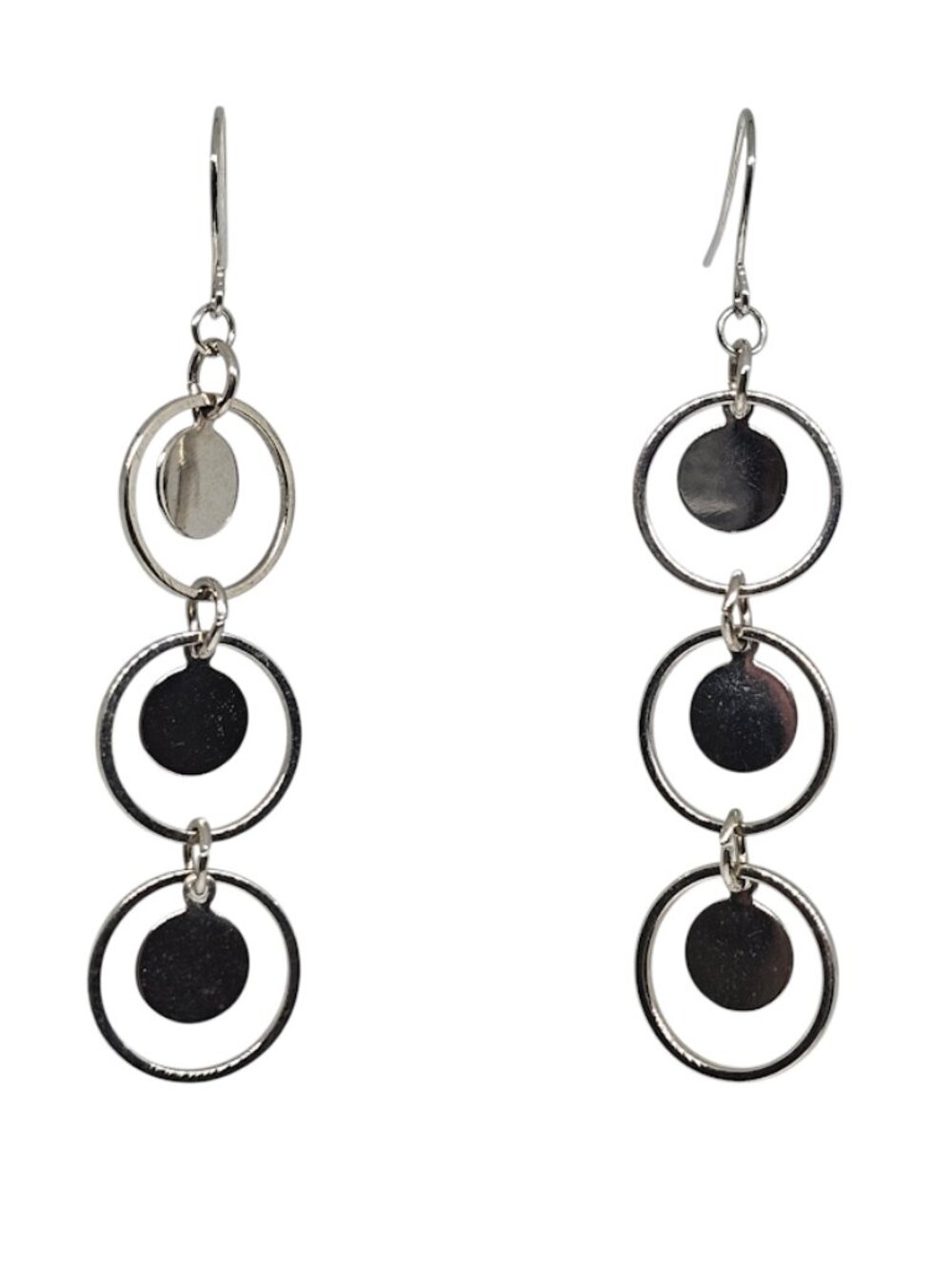 Silver Triple Hoop Dangle Earrings Geometric Disc Drop Minimalist Jewelry